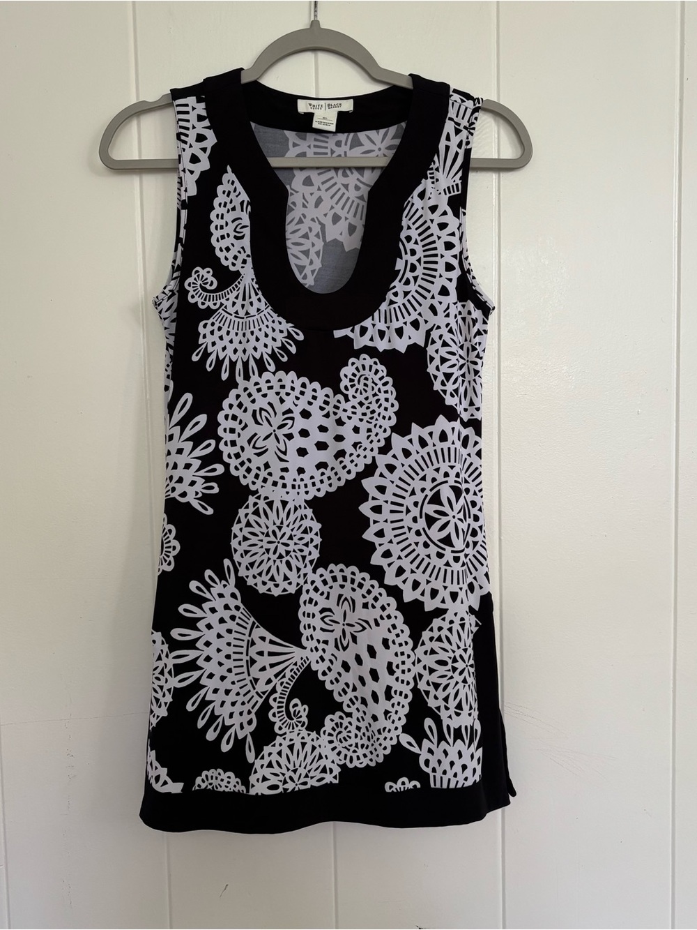 White House Black Market Black Tank with White Lace-Style Print